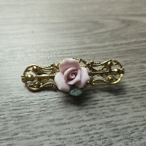 Gold Filigree Brooch with Pink Rose Costume Jewelry